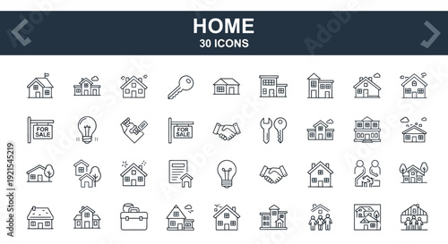 Home and Real Estate Line Icons Set, Property Buy Sell and Housing Outline Pictograms, isolated white background.