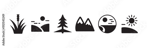 Scenic nature landscape silhouettes with hills mountains and sun icons for travel branding