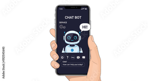 Human Hand Holding Smartphone with Chatbot Interface on Bright Studio Background, AI Assistant and Customer Service Concept