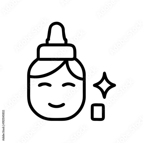 Line icon of a person's face with a serum dropper bottle for skincare and beauty routine