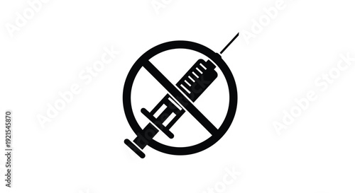 A black and white illustration of a syringe with a prohibition symbol