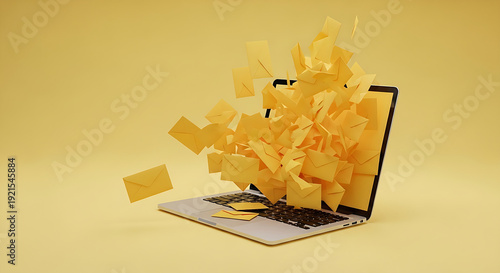 Clean studio shot of a laptop with flying yellow envelopes, highlighting concepts of information overload and excessive digital notifications.