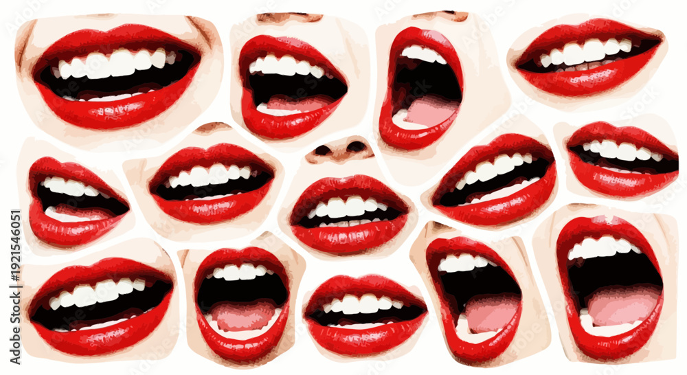 Fototapeta premium mouths collage, red lips, open mouth, white teeth, expression, emotions