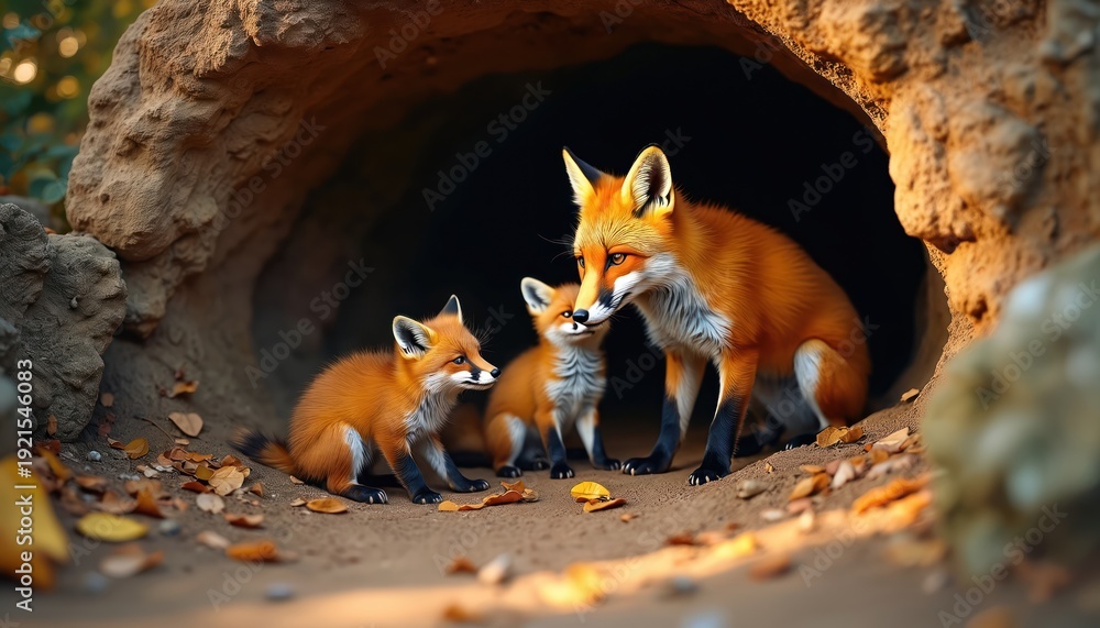 Obraz premium Fox mother watches over her playful cubs near den entrance. Young kits interact with parent in cozy earthy burrow. Cute baby animals with orange fur enjoy family time in nature.