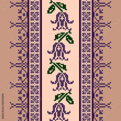 Seamless geometric pattern . pixel pattern. Design for clothing fabric textile ornamentation embroidery Hand stitched pattern . cultural stitching pixel art , Cross stitch pattern