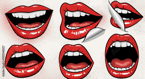 red lips pop art, open mouth, comic style, teeth smile