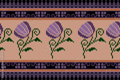 Traditional Cross-Stitch Embroidery - Detailed Vector Illustration for Textile Print Design ,pixel pattern. Design for clothing fabric textile ornamentation embroidery Hand stitched pattern.