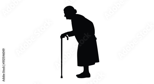 Silhouette of an elderly woman walking with a cane for support