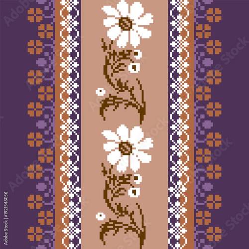 Seamless geometric pattern . pixel pattern. Design for clothing fabric textile ornamentation embroidery Hand stitched pattern . cultural stitching pixel art , Cross stitch pattern