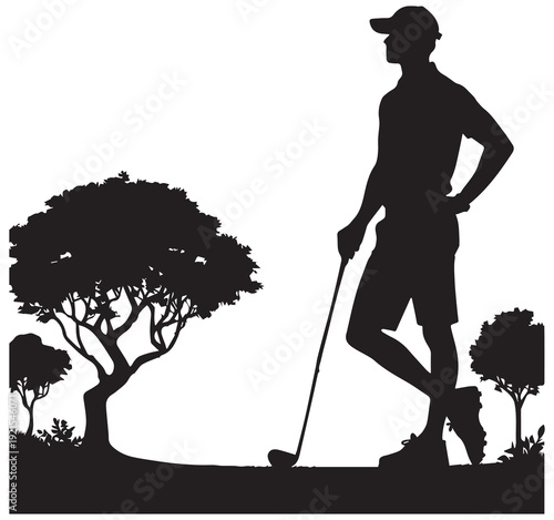 Metal Detector Hobbyist Silhouette in Nature Landscape – Treasure Hunting Vector