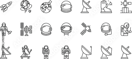 Space Exploration Line Icon Set with Astronaut, Rocket, Satellite and Planet Symbols, Minimal Outline Vector Collection for Science Design