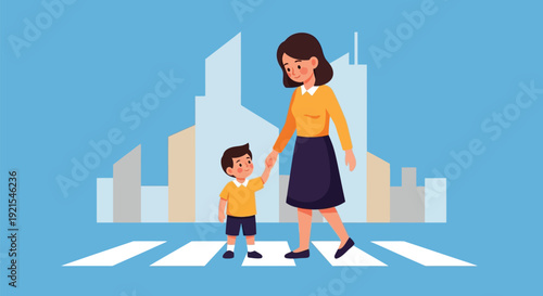 Mother holding hands with son while walking on city crosswalk