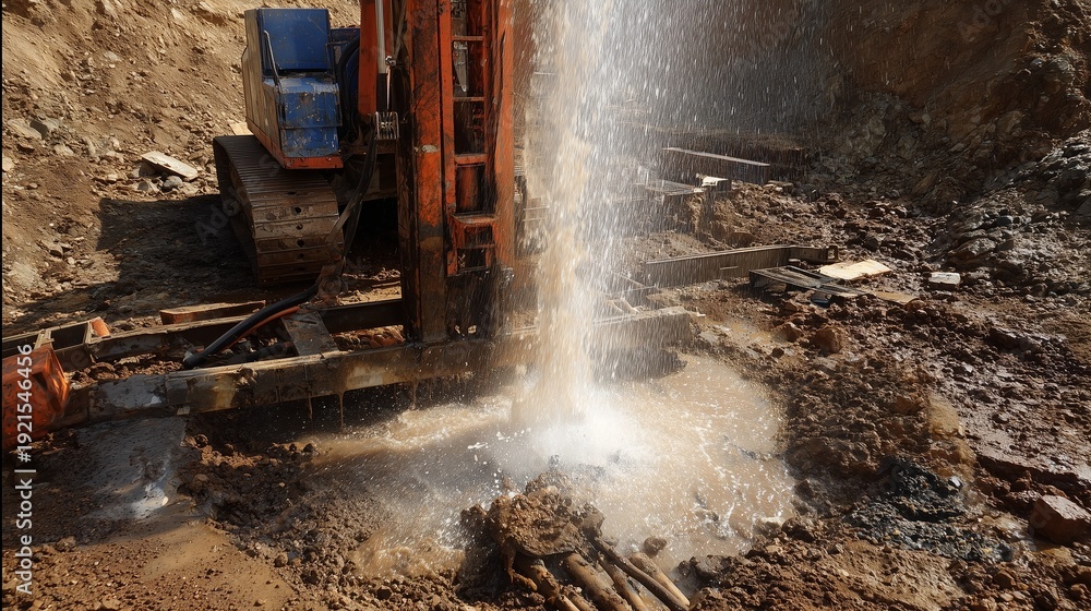 Fototapeta premium Drilling rig extracting groundwater with water jet eruption at borehole site, muddy pit and drill rig components visible, representing well drilling and water extraction.