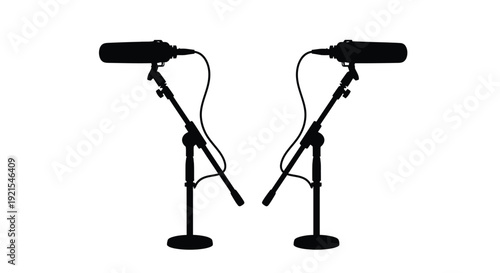 Two podcasting microphones on stands in a black and white graphic