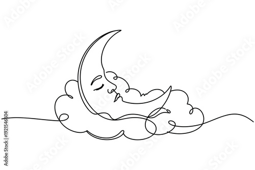 Sleeping Crescent Moon with Clouds One Line Drawing