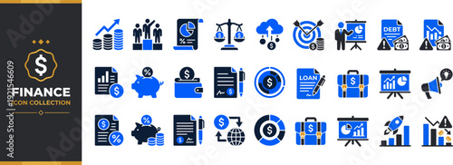 Finance, Banking and Investment Duotone Glyph Vector Icons Set — Loans, Financial Analysis and Money Management Icons for Web and App UI