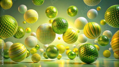 Abstract Green and Yellow Sphere Symphony A Dynamic Composition of Textured Spheres in Motion