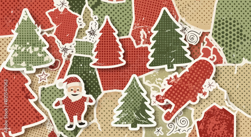 christmas patchwork background with santa claus and trees