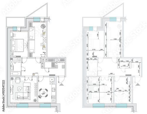 Measuring plan of apartment and floor plan of arrangement of furniture, view from above. Interior design, house in top view. Vector 