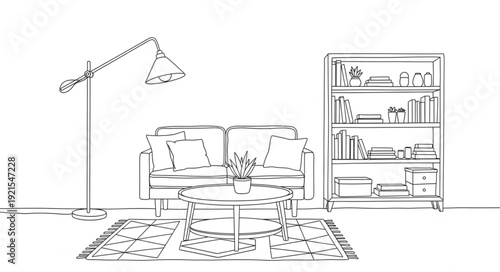 Cozy Living Room Sketch with Sofa and Bookshelf.