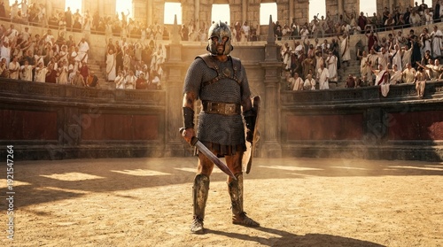 Ancient roman gladiator standing proud in coliseum arena before crowd concept. A gladiator stands poised for battle in an ancient arena.