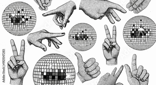 disco ball and hand gestures illustration, party background