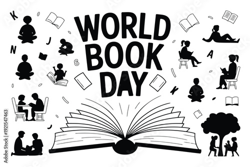 Book Day Black and white of Book Day with people reading books and open book