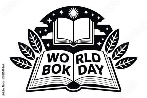 Book Day Black and white open book with Book Day text and celestial