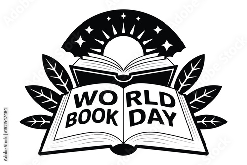 Book Day Black and white open book with Book Day text and sun with rays and leaves