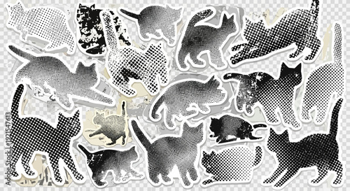 cat stickers, black and white, halftone, animal art, grunge style