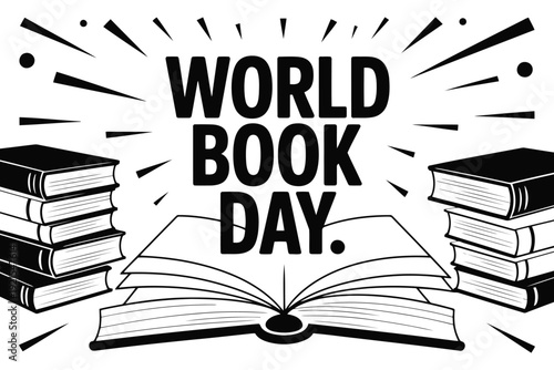 Book Day Book Day black and white with open book and stacked books book stack reading