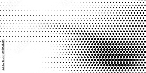 Hexagon halftone gradient texture. Abstract black grunge background. Geometric retro halftone tech overlay. Fading wavy hexagonal pattern backdrop. Vector vanishing honeycomb grunge bitmap wallpaper