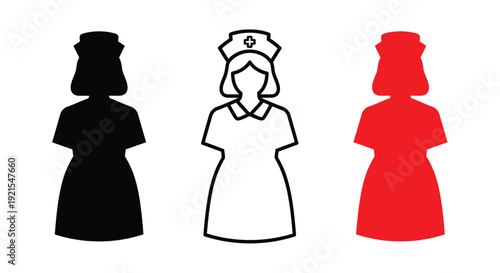 Three nurse silhouettes in black white and red color variations