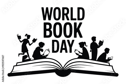 Book Day Book Day black silhouette of children reading on an open book