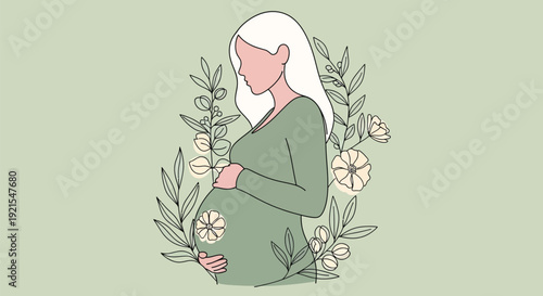 Pregnant woman in green dress standing among botanical flowers