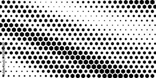 Hexagon halftone gradient texture. Abstract black grunge background. Geometric retro halftone tech overlay. Fading wavy hexagonal pattern backdrop. Vector vanishing honeycomb grunge bitmap wallpaper