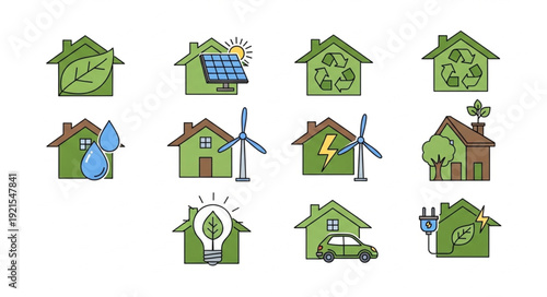 Set of eco friendly house icons representing green energy and sustainability.