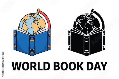 Open Blue Book with Globe and Book Day Black Outline Version for Book Day