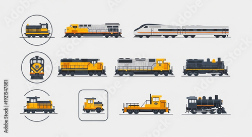 Collection of diverse train illustrations in various styles.