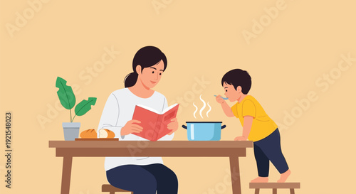 Mother reading book while young son tastes food from pot