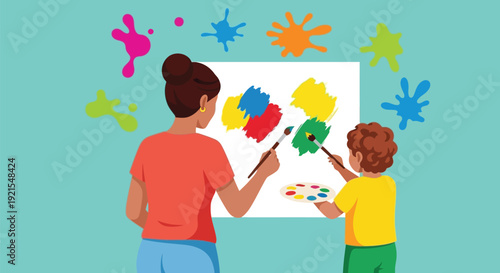 Mother and son painting on canvas in art studio