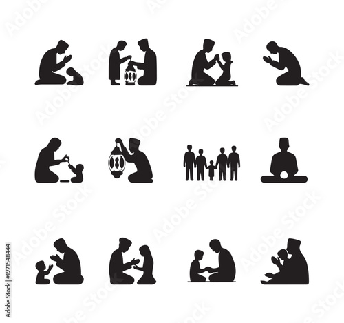 Silhouettes of muslim families praying reading quran and celebrating ramadan festival together vector set