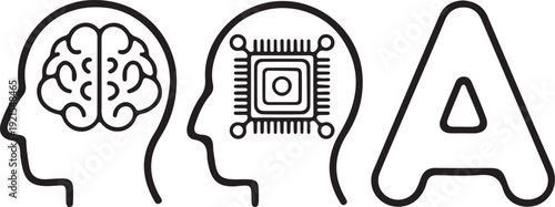 Illustration of human brain, computer chip, and letter a representing ai and human intelligence