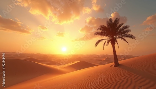 Desert landscape at sunset with lone palm tree on sand dune. Golden hour light illuminates sand ripples and distant horizon. Warm sky clouds over arid terrain.