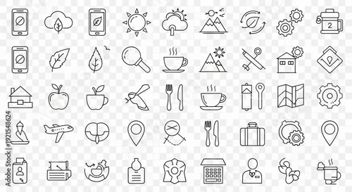Collection of outline icons representing travel food and technology.