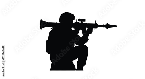 Silhouette of a soldier kneeling with a rocket launcher aimed forward