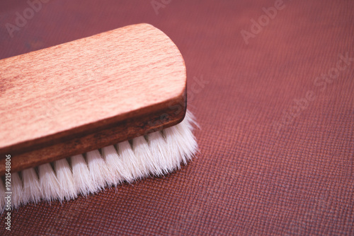 Close-up photography of a natural wooden brush with soft white bristles resting on a textured dark brown background, symbolizing cleaning, grooming, or fabric care.