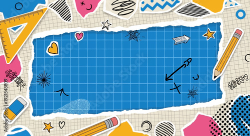 school supplies background, blue grid paper, creative design