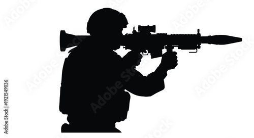 Silhouette of a soldier aiming a rocket launcher at the viewer