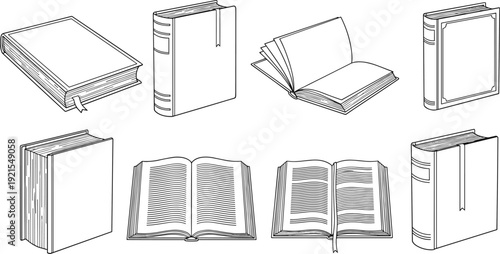Hand Drawn Vintage Book Collection Vector Illustration Set Featuring Open and Closed Hardcover Books with Detailed Line Art Isolated Design